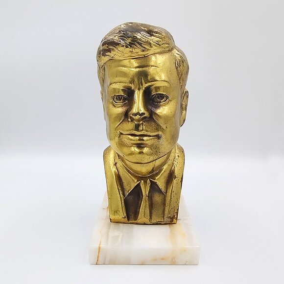 1960s John F. Kennedy JFK Bust Sculpture in Bronze and Marble. Made in USA - Picture 3 of 9